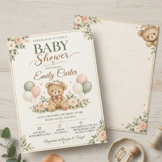 Sage en Blush Teddybeer Baby Shower Uitnodiging