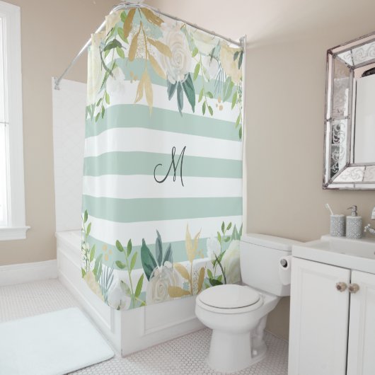 Sage en ivoor | Monogram bloemen en strips Douchegordijn (In situ)