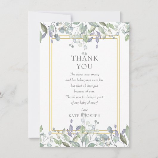 Sage en Lila Pasture Baby shower Dank u Gedicht Bedankkaart (Voorkant)