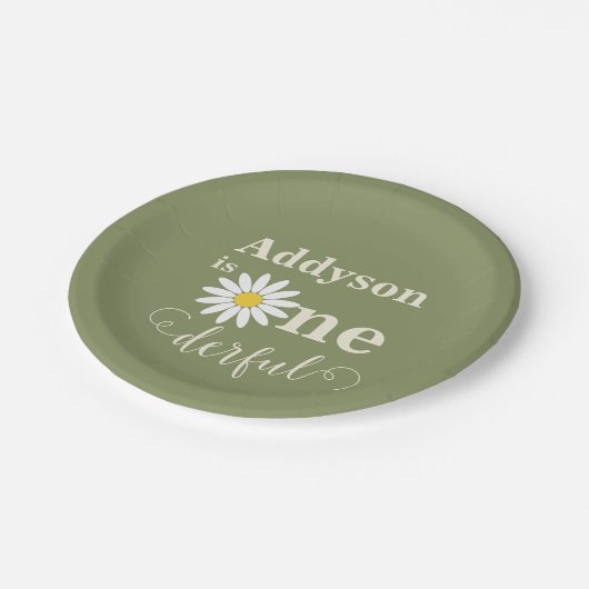 Sage en Witte Eerste Verjaardag Daisy Papieren Bordje (Gekanteld)