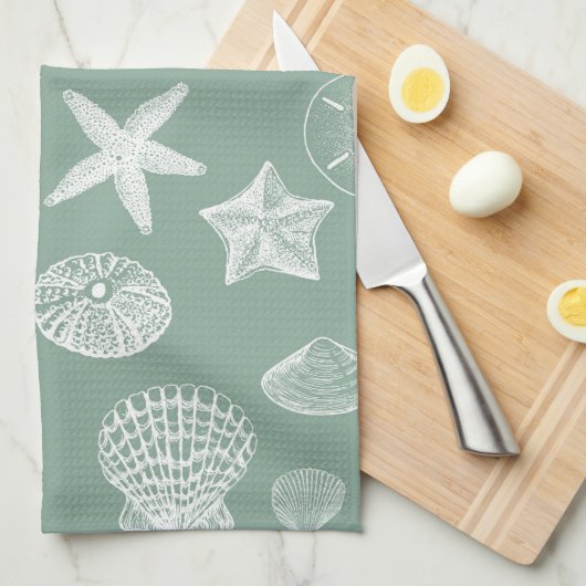 Sage- en witte schalen theedoek (Quarter Fold)