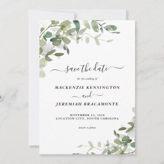 Sage Eucalyptus Greenery Wedding Save the Date (Voorkant)
