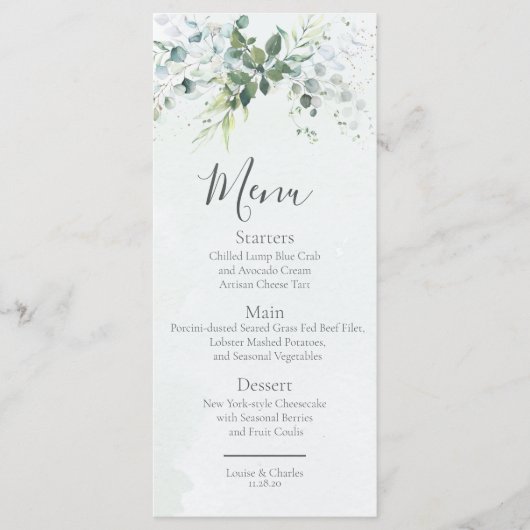 Sage Eucalyptus groen Eenvoudige chique bruiloft Menu (Voorkant)