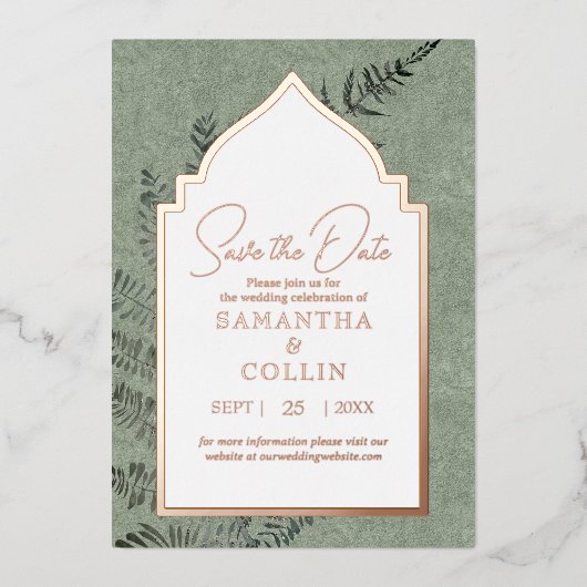 Sage Evergreen Fern Botanical Bewaar de datum Folie Uitnodiging (Voorkant)