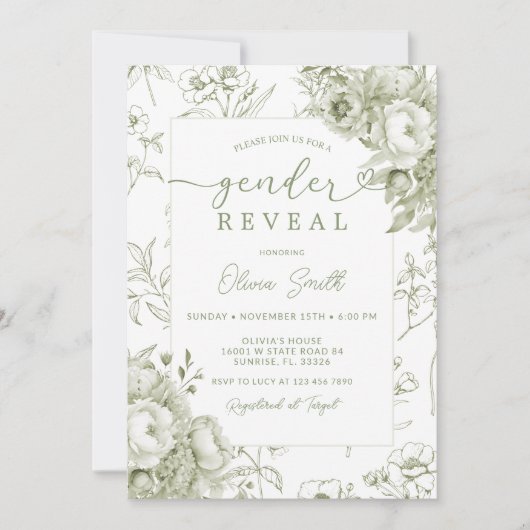 Sage Floral Chinoiserie Gender Reveal Kaart (Voorkant)