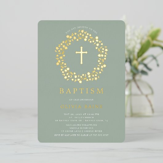 Sage Floral First Baptism Foil Invitation (Debout devant)
