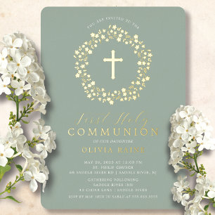 Sage Floral Girls First Communion Foil Invitation