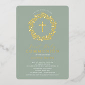 Sage Floral Girls First Communion Foil Invitation (Recto)
