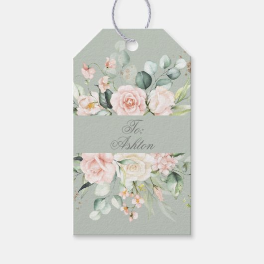 Sage Floral Pink Waterverf Elegant Cadeaulabel (Voorkant)