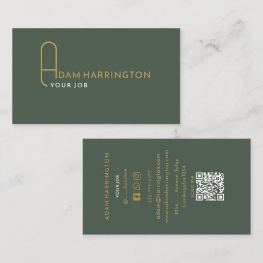 Sage foncé | Élégant Carte de visite de code QR st (Devant / Derrière)