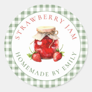 Sage Gingham Bruiloftsfeest Aardbeienjam Favor Ronde Sticker