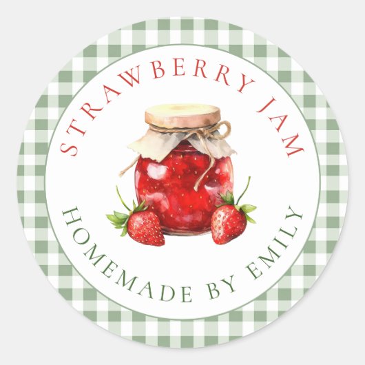 Sage Gingham Bruiloftsfeest Aardbeienjam Favor Ronde Sticker (Voorkant)