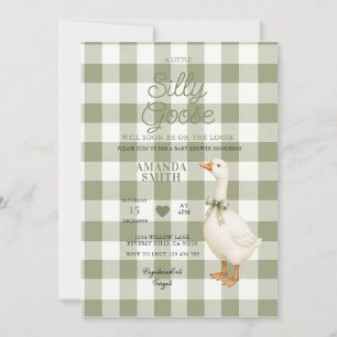 Sage Gingham Dwaze Gans Babyshower Uitnodiging