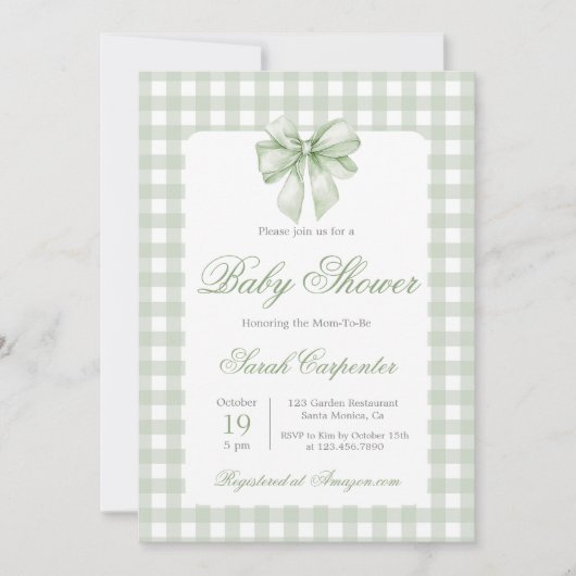 Sage Gingham en Bow Baby shower Kaart (Voorkant)