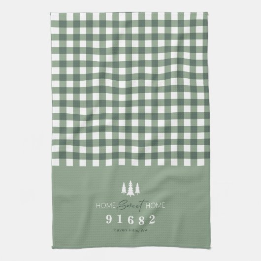Sage Gingham Home Sweet Home Aangepaste postcode Theedoek (Verticaal)