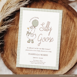 Sage Gingham Kleine Dwaze Gans Babyfeestje Kaart