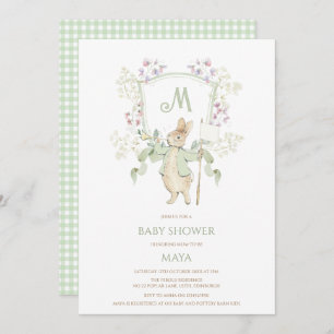 Sage Gingham Peter het Konijn Monogram Baby shower Kaart