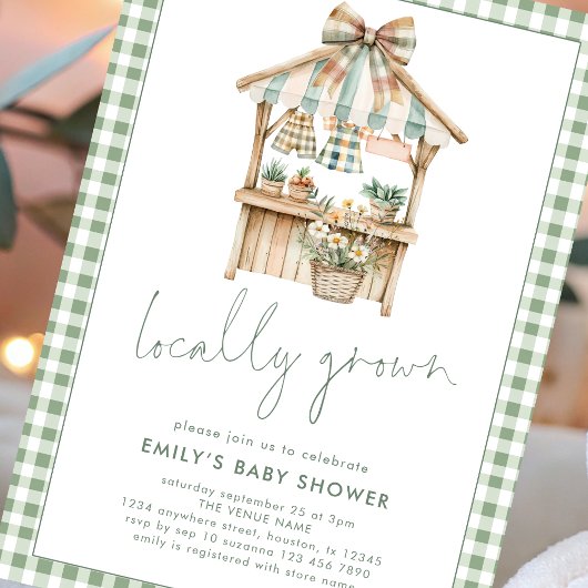 Sage Gingham Script Lokaal geteeld Baby shower Kaart
