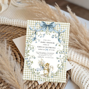 Sage Gingham Woodland Eekhoorn Baby Borrel Kaart