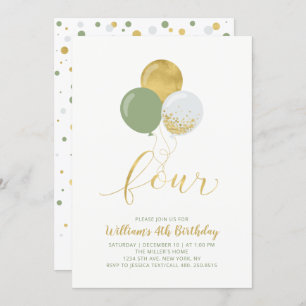 Sage & Gold Balloons Vier 4e verjaardag Kaart