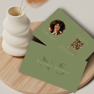 Sage/Gold Minimalistische QR-code Professionele Fo Visitekaartje