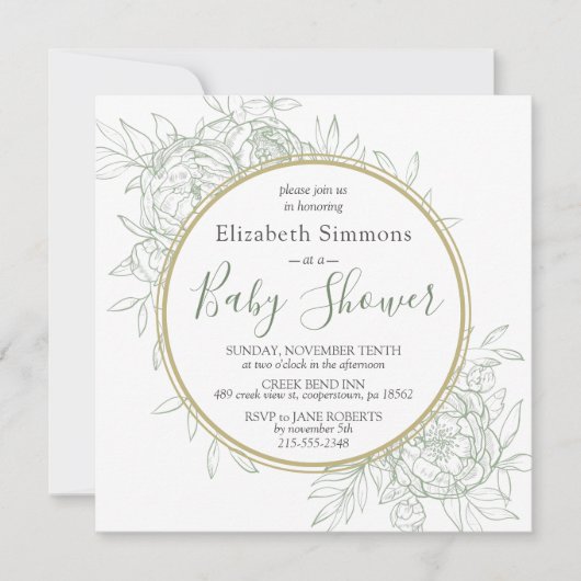 Sage & Gold Peony Modern Floral Toile Baby shower Kaart (Voorkant)