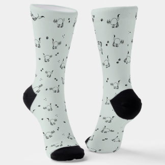 Sage Gray Green Cat Line Art Pattern Socks Sokken