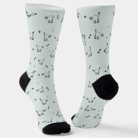 Sage Gray Green Cat Line Art Pattern Socks Sokken (Gebogen)