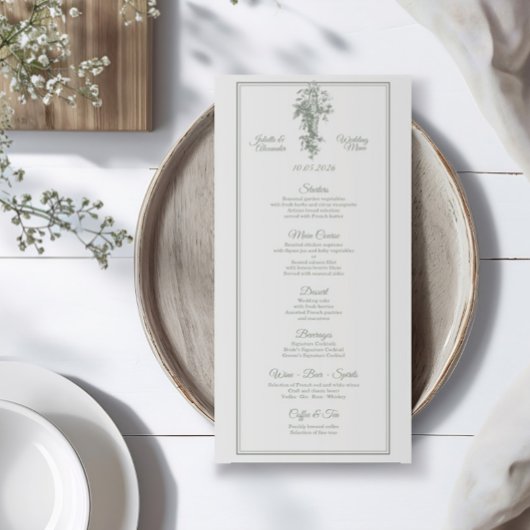 Sage Gray Toile de Jouy Wedding Menu Card