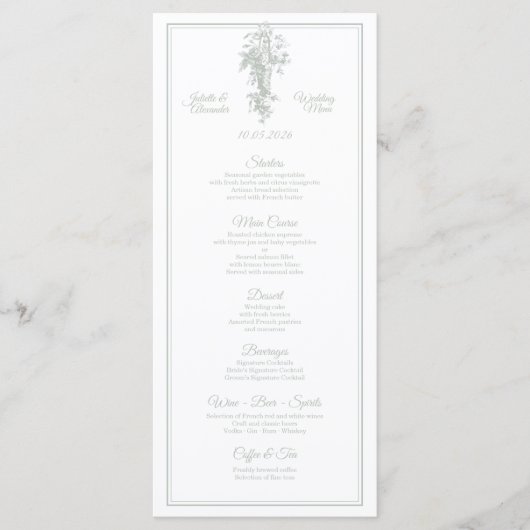 Sage Gray Toile de Jouy Wedding Menu Card (Voorkant)