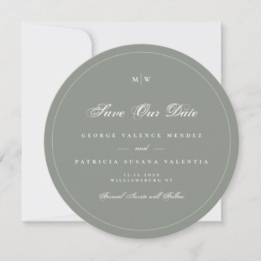 Sage Gray White Elegant Round Photo Save The Date Kaart (Voorkant)