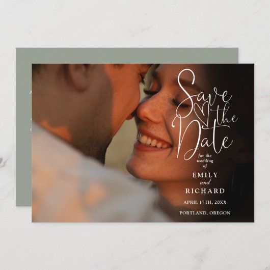 Sage Green 2 Foto Elegant Script Wedding QR-code Save The Date (Voorkant / Achterkant)