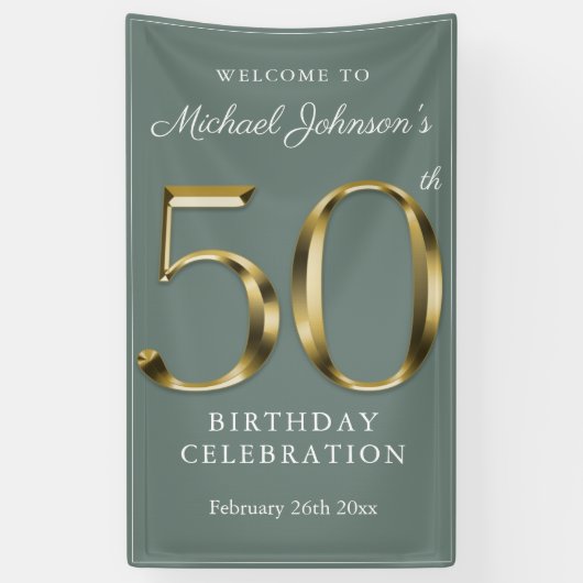 Sage Green 50e verjaardag Solid Gold Typografie Spandoek (Verticaal)