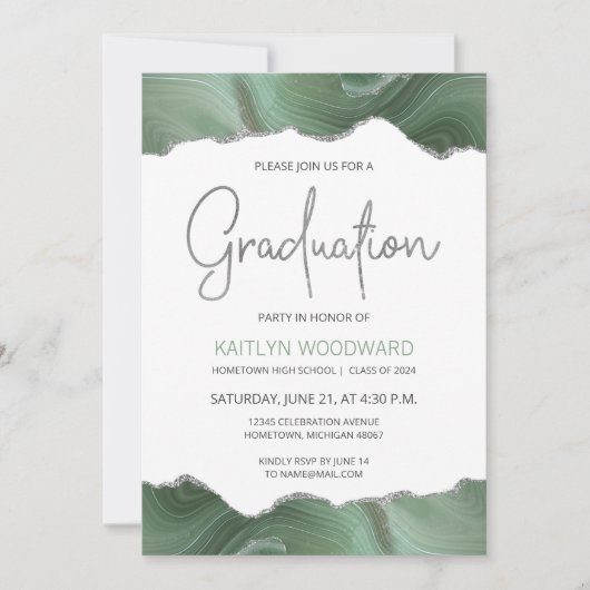 Sage Green Agate Silver Graduation Party nodigt ui (Voorkant)