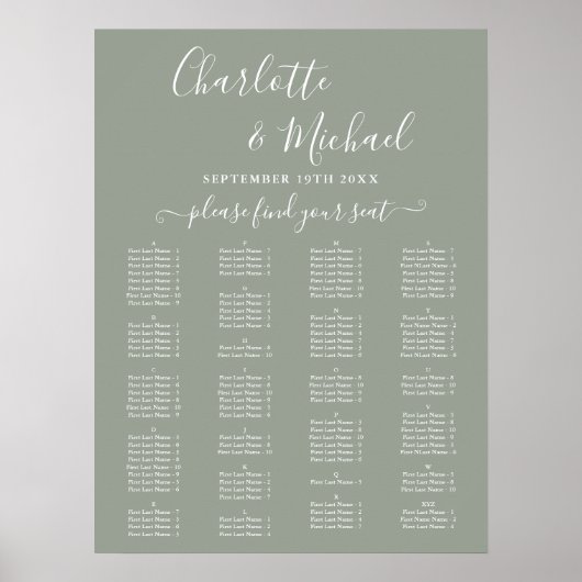 Sage Green Alphabetical Wedding Seating Chart Poster (Voorkant)
