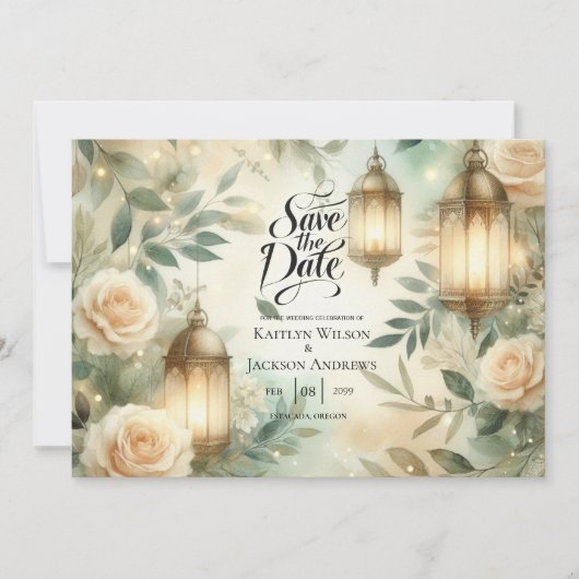 Sage Green and Ivory Rose Lantern Save the Date (Voorkant)