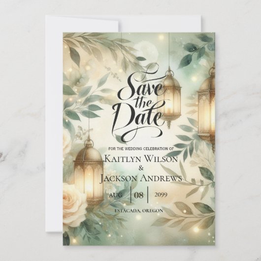 Sage Green and Ivory Rose Lantern Save the Date (Voorkant)