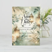 Sage Green and Ivory Rose Lantern Save the Date (Staand voorkant)