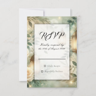 Sage Green and Ivory Rose Lantern Wedding RSVP Kaartje