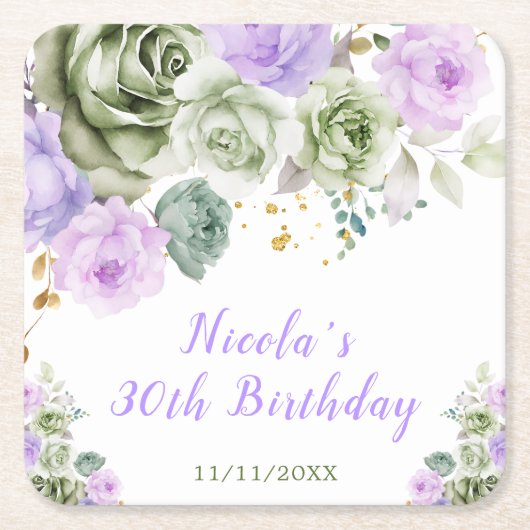 Sage Green and Purple Floral Birthday Party Vierkante Kartonnen Onderzetter (Voorkant)