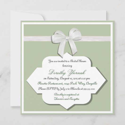 Sage Green and White Bow Bridal Shower Invitation Kaart (Voorkant)