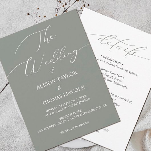 Sage Green and White Calligraphy Simple All In One Kaart