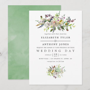 Sage Green and White Waterverf Floral Wedding Kaart