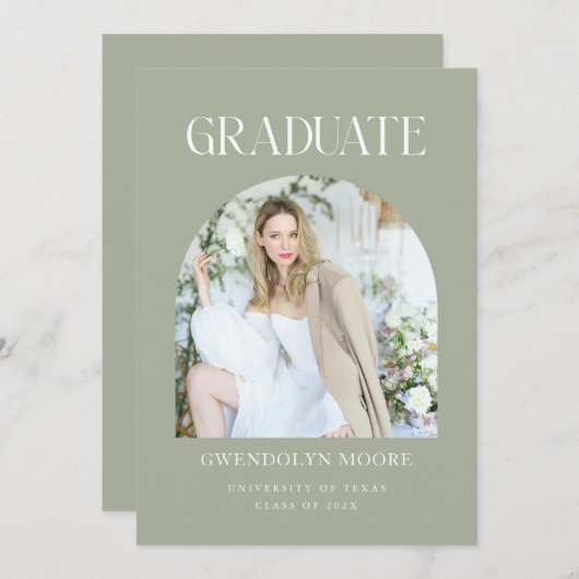 Sage Green Arch Foto Afstuderen Aankondiging Kaart (Voorkant / Achterkant)