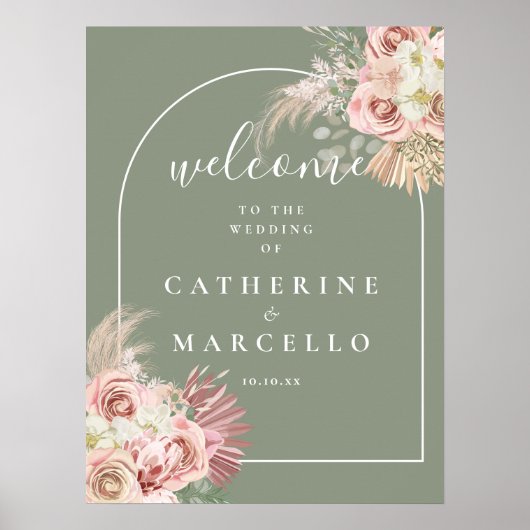 Sage Green Arch Pampas Grass Mariage Affiche de bi (Devant)