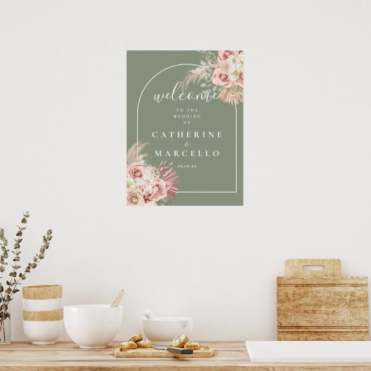 Sage Green Arch Pampas Grass Weddenschap Welkomstt Poster (Keuken)