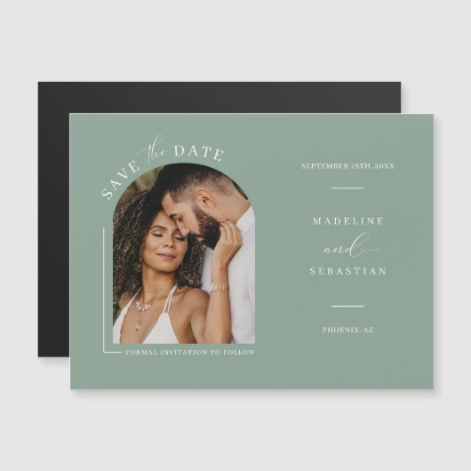 Sage Green Arch Photo Enregistrer la date Carte ma (Devant / Derrière)