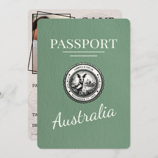 Sage Green Australia Passport Bewaar de datum Save The Date (Voorkant / Achterkant)