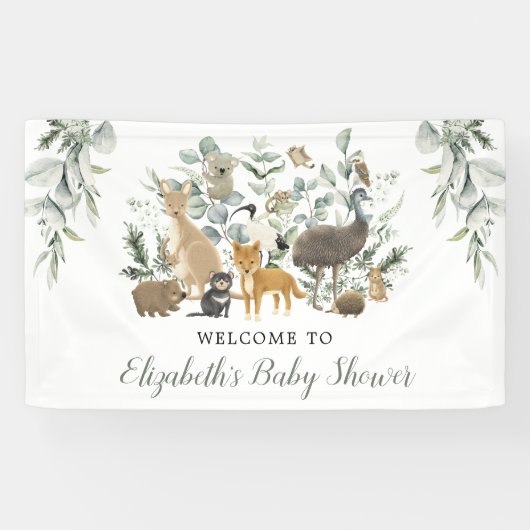 Sage Green Australian Animals Neutral Baby Welcome Spandoek (Horizontaal)