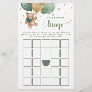 Sage Green Baby shower Bingo Game Teddy Bear